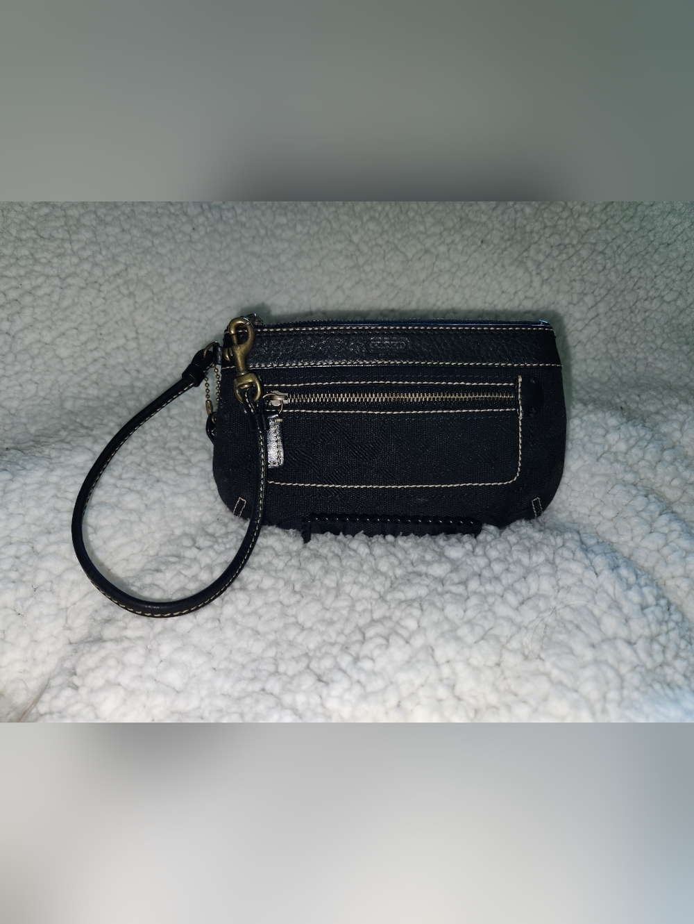 Coach Black Canvas Wristlet with Contrast Stitching